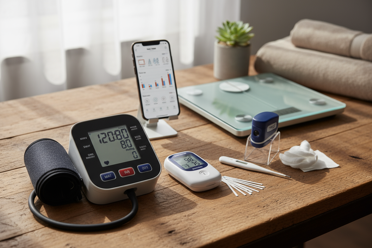 Home health monitoring setup on a wooden table featuring a digital blood pressure monitor, glucometer, thermometer, pulse oximeter, smart scale, and smartphone displaying health tracking data.