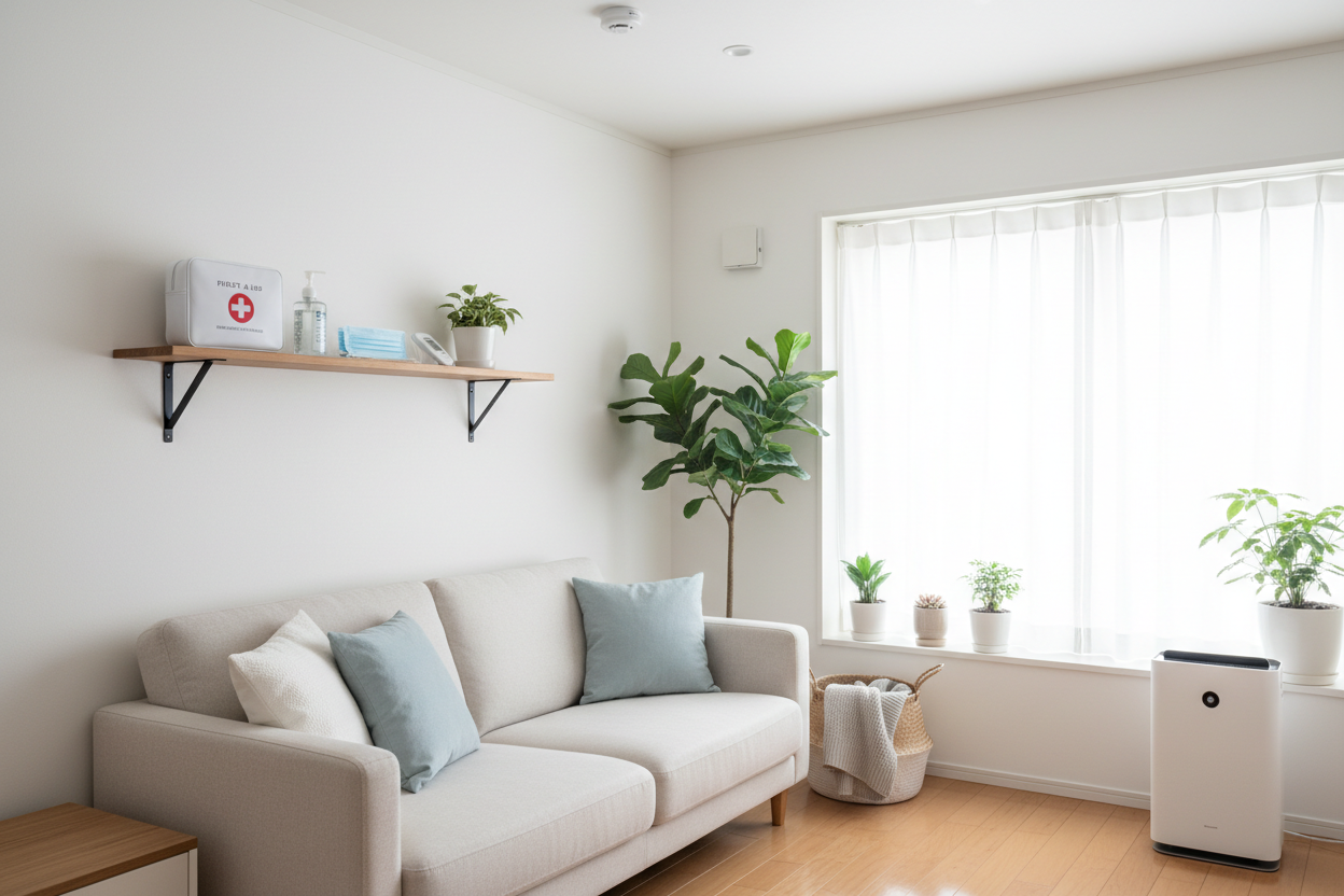 A bright, modern living room with a light beige sofa, large window with sheer curtains, a wooden shelf holding a first aid kit and hand sanitizer, houseplants, and an air purifier.