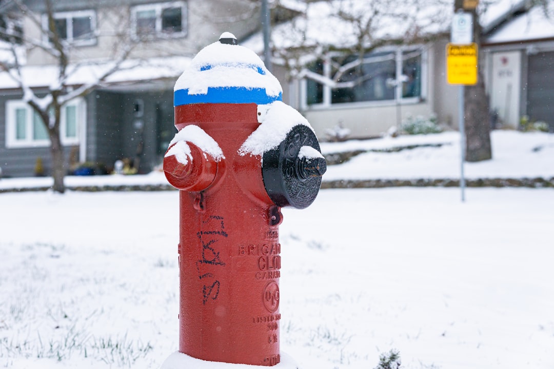 A red fire hydrant covered in snow, standing on a snowy residential street.
