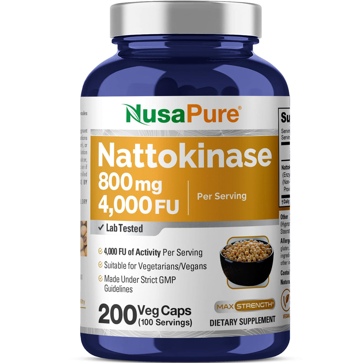 NusaPure Nattokinase 4000 FU 800mg, 200 Veggie Capsules (Vegan, Non-GMO)