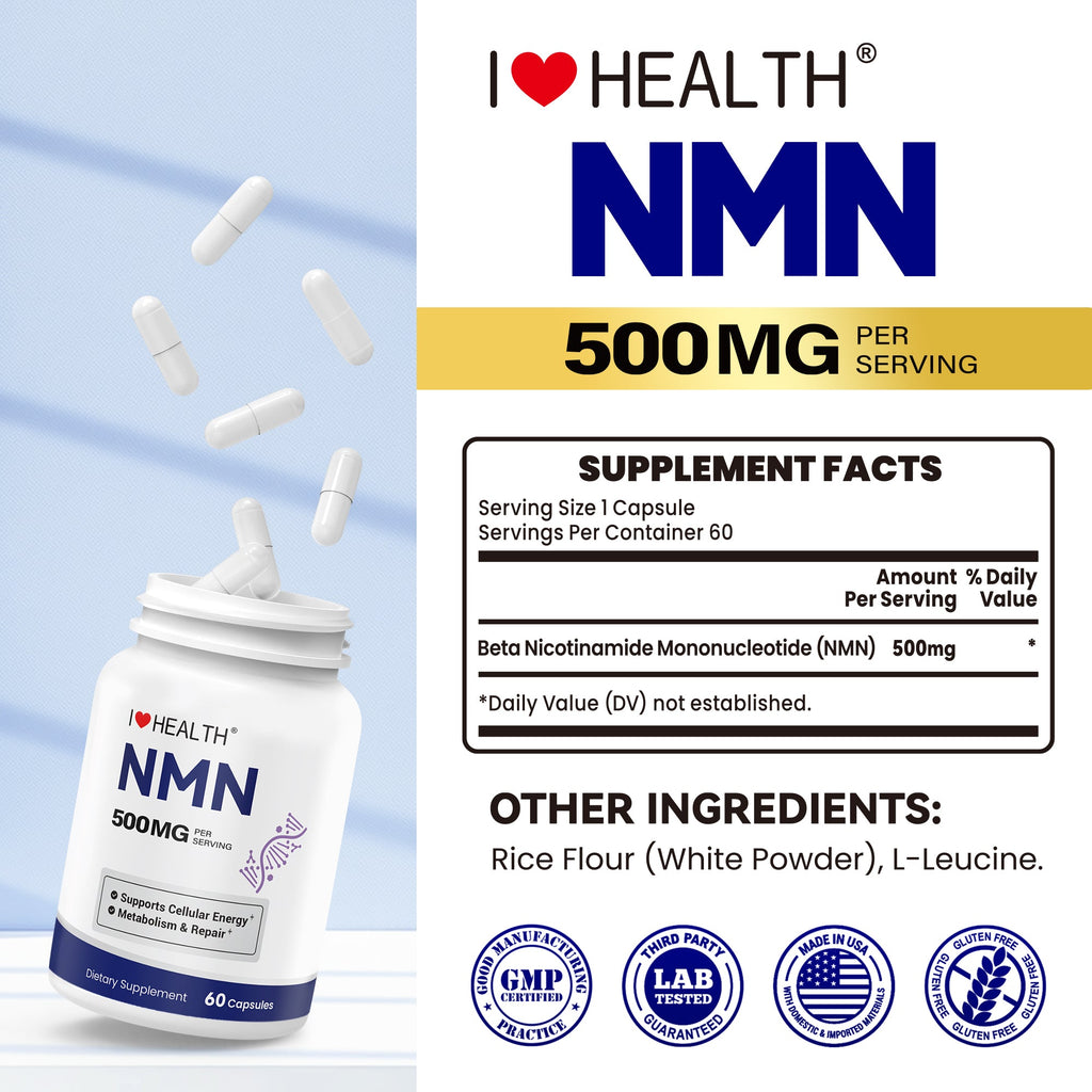 NMN 500mg – 99.9% Pure NMN Supplement, Boost NAD+ Levels, Cellular Energy & Healthy Aging Support, 60 Capsules, Third-Party Tested, NSF cGMP, Made in USA