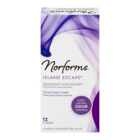 Norforms Feminine Deodorant Suppositories, Long Lasting Odor Control, Island Escape Scent, 12 Count (Pack of 6)