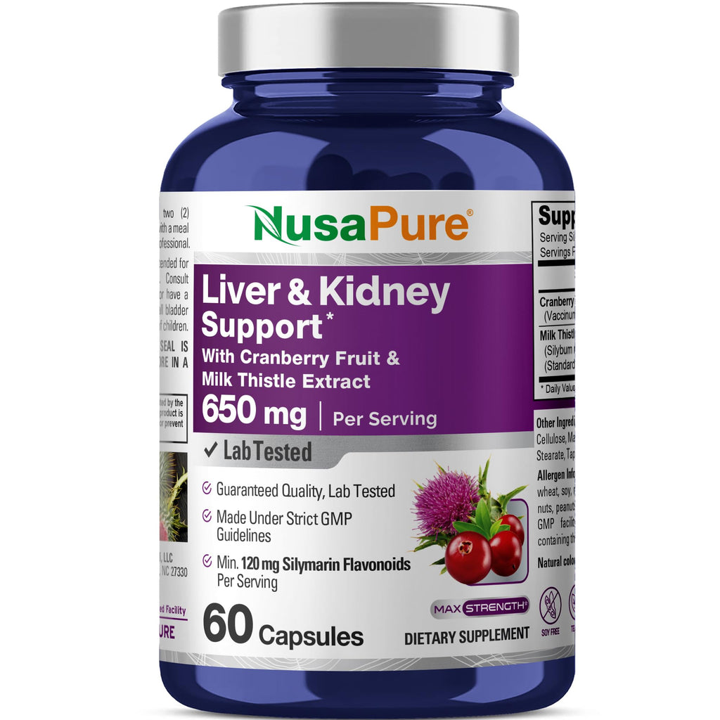 NusaPure Liver & Kidney Support with Cranberry Fruit & Milk Thistle Extract 650 mg 60 Capsules Non-GMO Soyfree Dietary Supplement