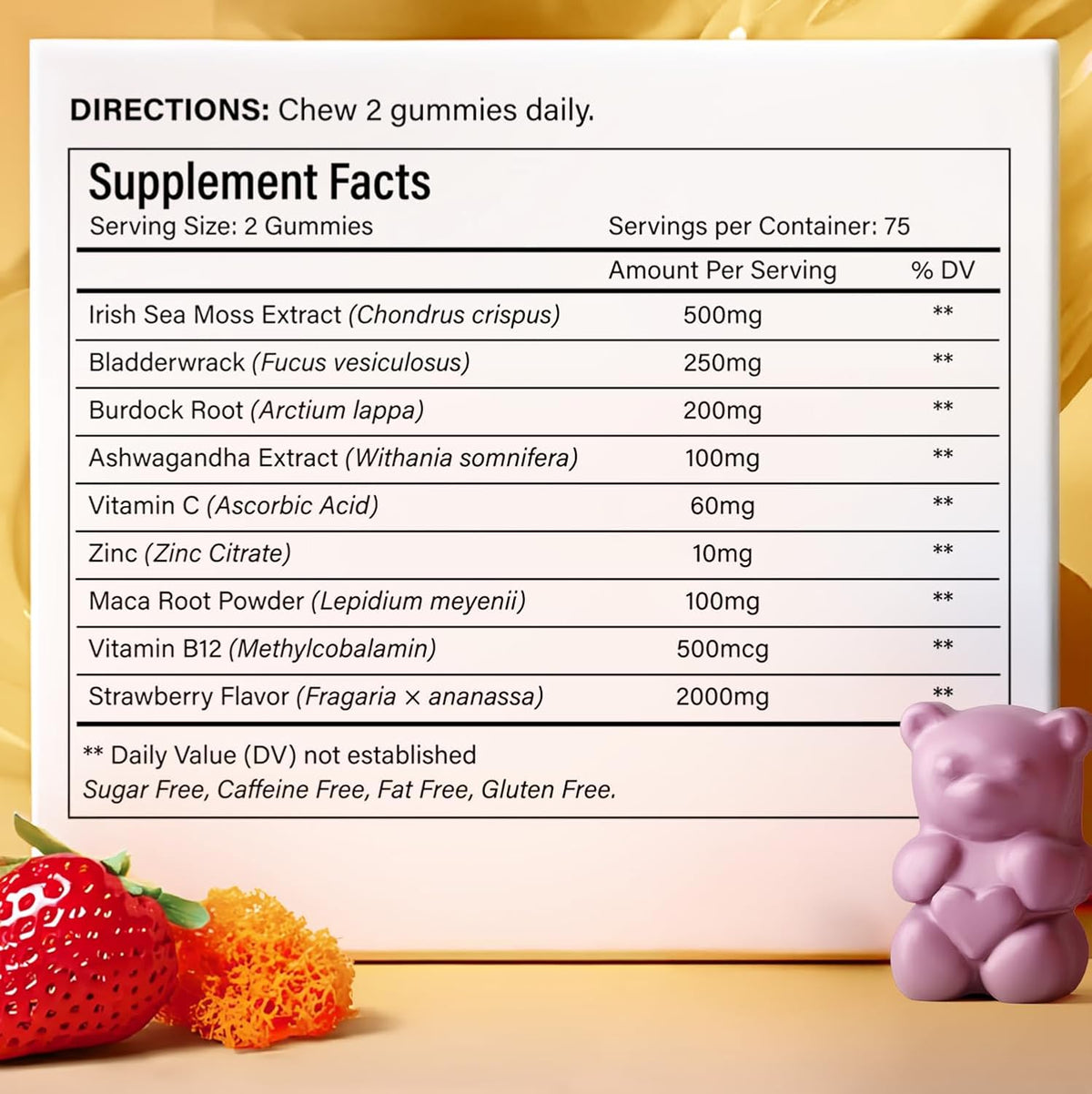 Sea Moss Gummies | Strawberry Flavor Vegan Gummies | Extra Rich 9-in-1 Formulation with Irish Sea Moss, Elderberry, Bladderwrack, Burdock, Ashwagandha, Maca, Zinc, B12 | Energy & Immune Support