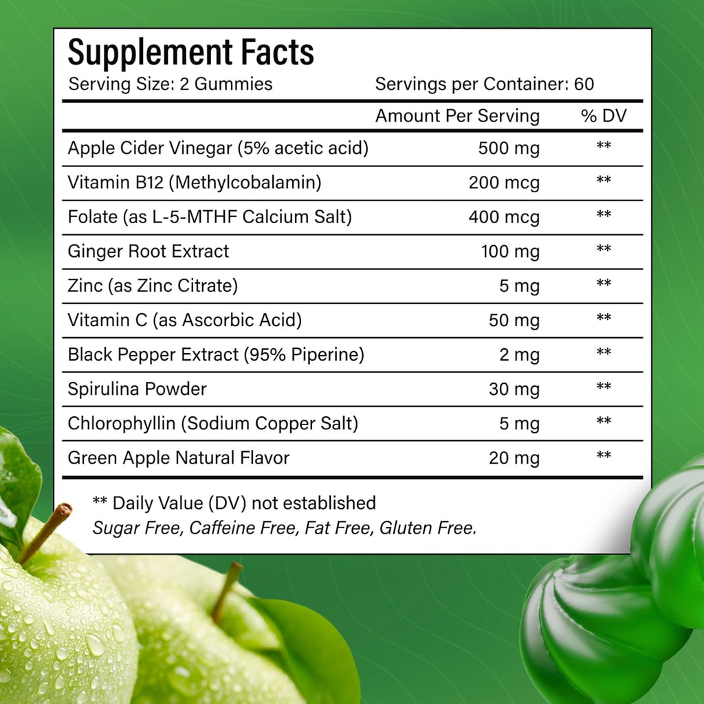 Premium Apple Cider Vinegar (ACV) Gummies, Formulated with Vitamin B12, Zinc, Ginger & Vitamin C