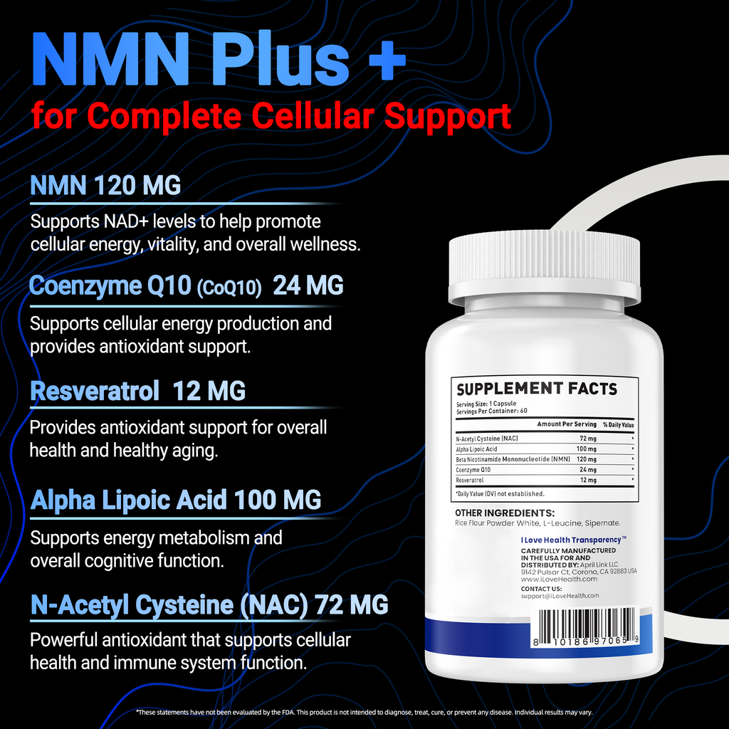 I Love Health NMN 5-In-1 Complex Plus+ for Women & Men W/ NAC, Alpha Lipoic Acid, NMN, Coenzyme Q10, Resveratrol | 60 Capsules | Supports Energy,Anti-Aging, Antioxidant & Cellular Health