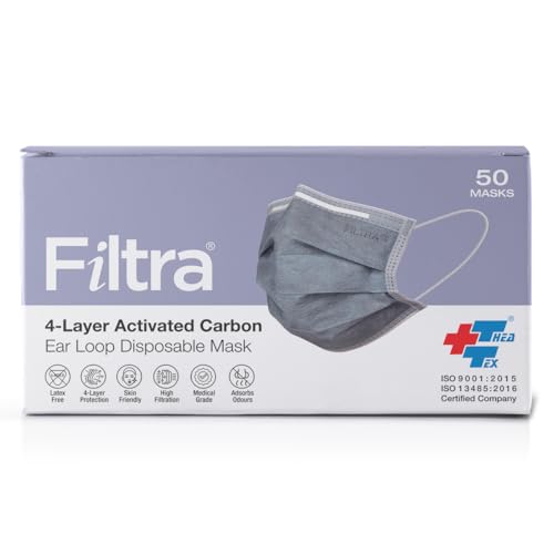 Filtra 4Ply Ear Loop Activated Carbon Mask | Very High Filtration 99% Bfe & Pfe | Breathable | Hypoallergenic | Ergonomic | Flu
