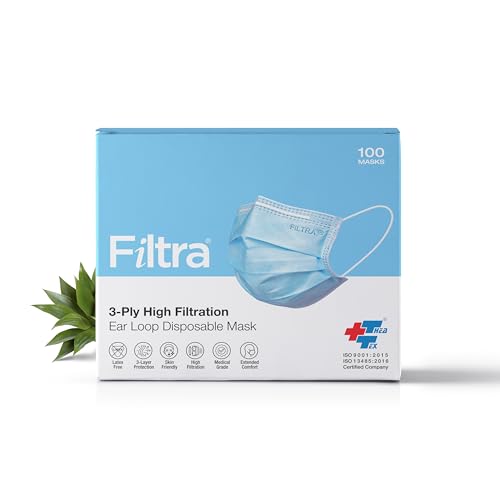 Filtra 3Ply Ear Loop Surgical Mask | High Filtration 99% Bfe & Pfe | Breathable | Hypoallergenic | Ergonomic | Fluid Repellent 