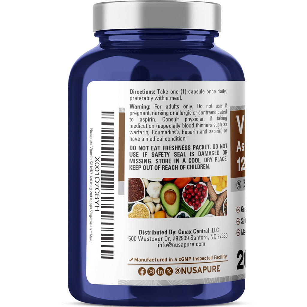 NusaPure Vitamin K2 MK7 120 mcg 200 Veggie Caps (Soy Free, Non-GMO, Vegan)