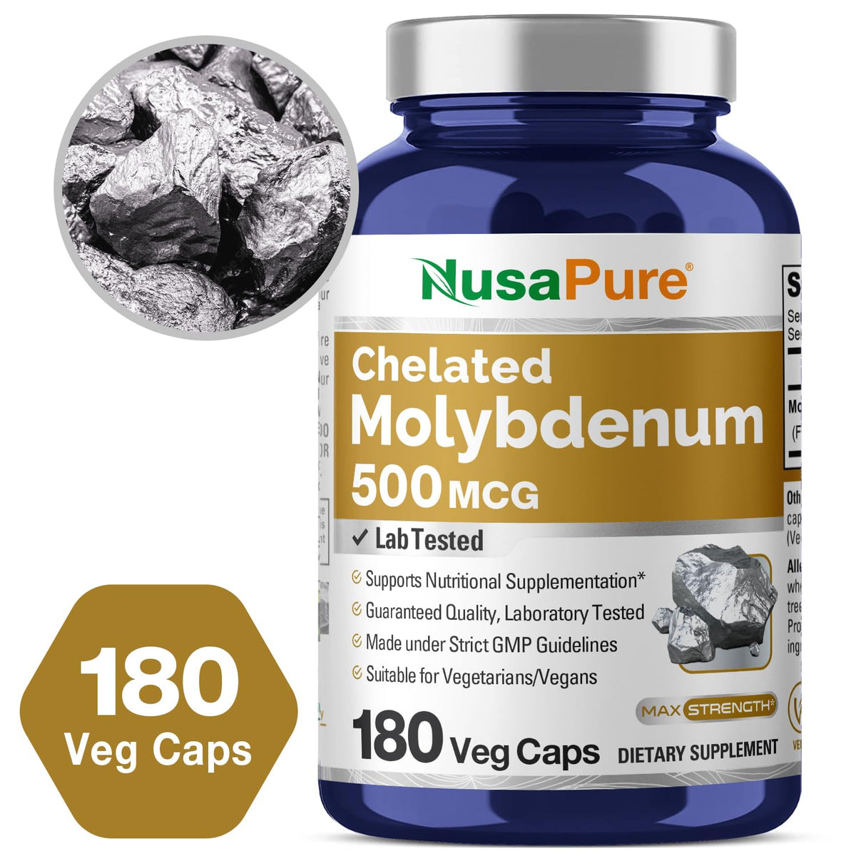 NusaPure Chelated Molybdenum 500 mcg 180 Vegetarian Caps (Vegan, Non-GMO)