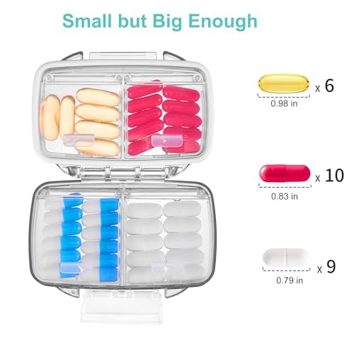 Fullicon 2 Pack Travel Pill Organizer, 4 Compartments Portable Pill Case, Moisture Proof Small Pill Box with Labels, Travel Pill