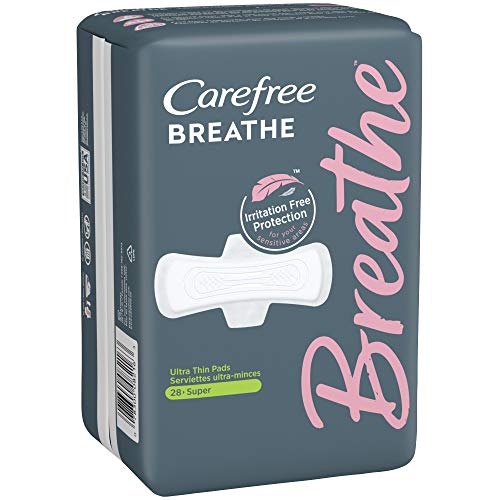 Carefree Breathe Ultra Thin Super Pads with Wings, Irritation-Free Protection, Unscented, 28 Count