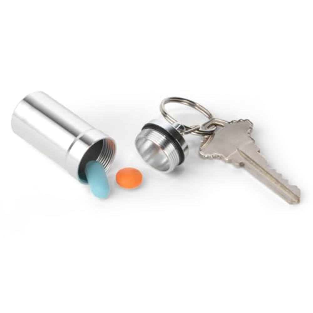 EZY DOSE Keychain Pill Box and Medicine, Vitamin Container, Safe for Money & Travel Items, Metal Canister, Medium Compartments,