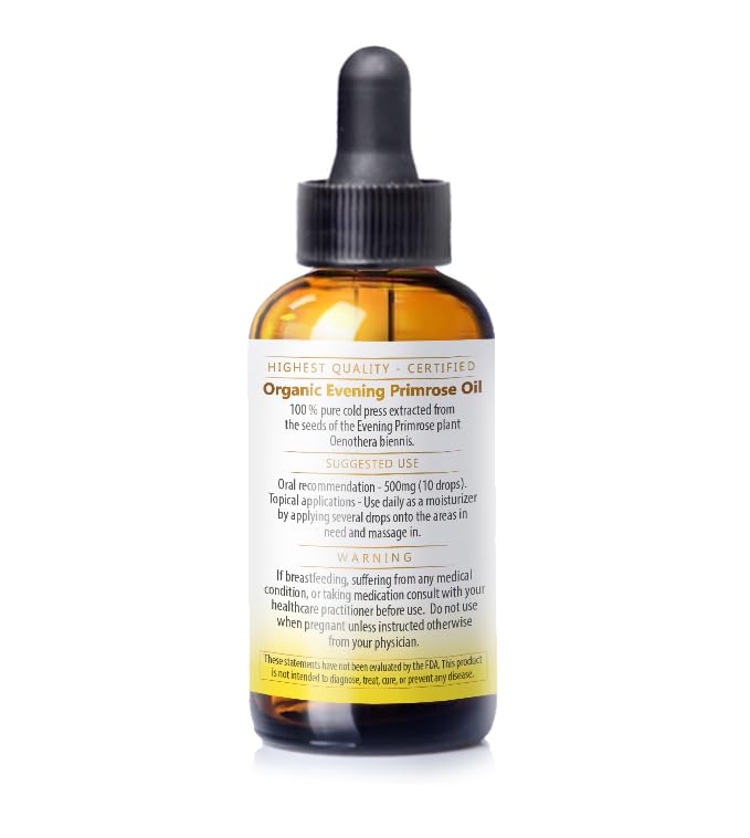 Nuvia Organics Evening Primrose Oil, USDA Certified 100% Pure Cold Pressed, Solvent-Free Extraction; 1 oz