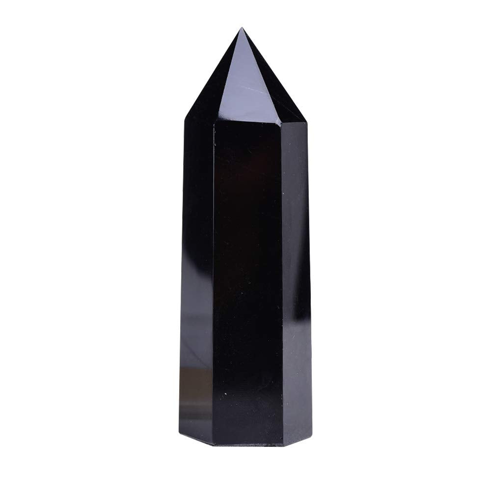 Runyangshi Natural Crystal Black Obsidian Healing Crystal Wands Height 3.3''-3.5'', 6 Faceted Prism Tower Reiki Chakra Stone Med