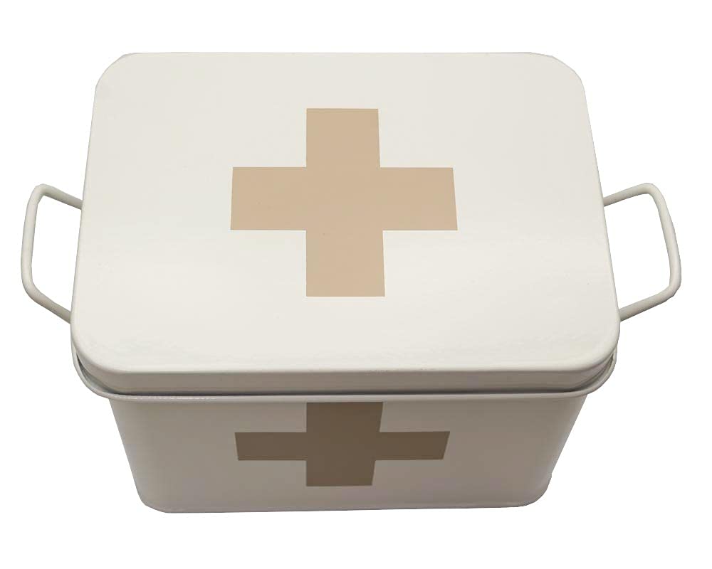 Lassos Boutique Retro Enameled First Aid Box for Medicine Storage and Home Decor with Lid and Removable Tray