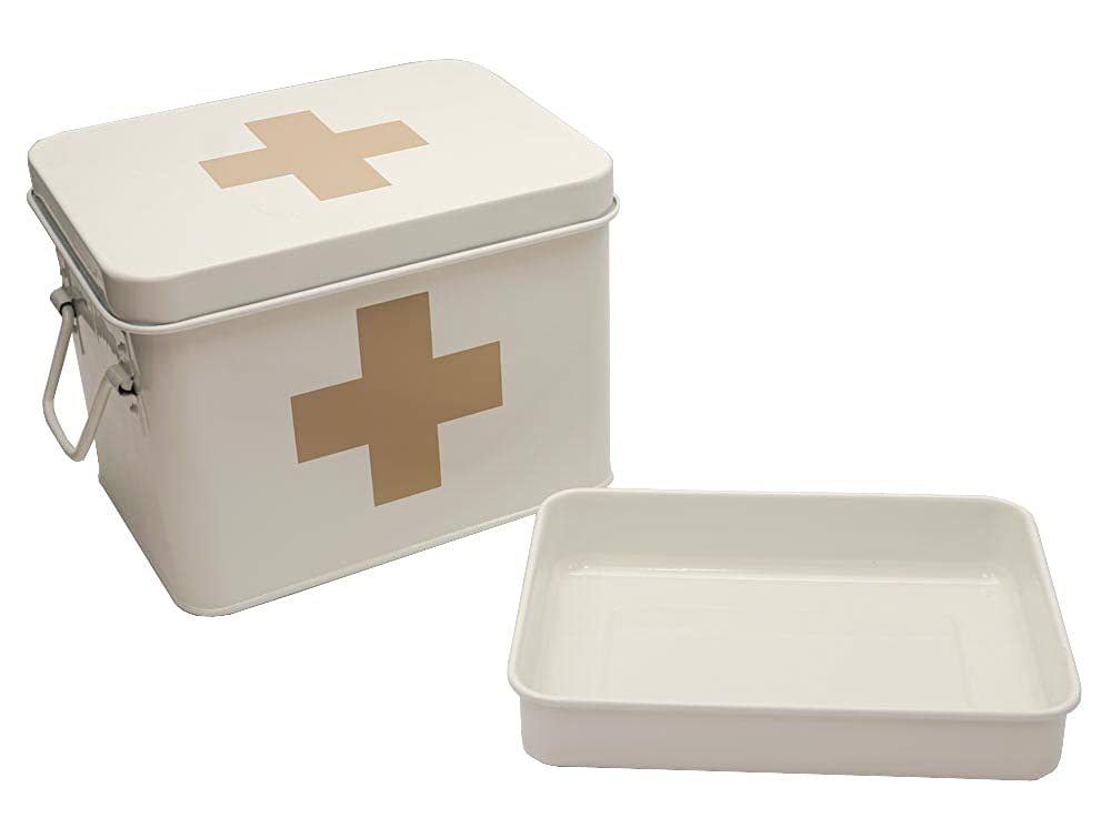 Lassos Boutique Retro Enameled First Aid Box for Medicine Storage and Home Decor with Lid and Removable Tray
