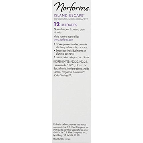 Norforms Feminine Deodorant Suppositories, Long Lasting Odor Control, Island Escape Scent, 12 Count Deodorant Suppositories in E