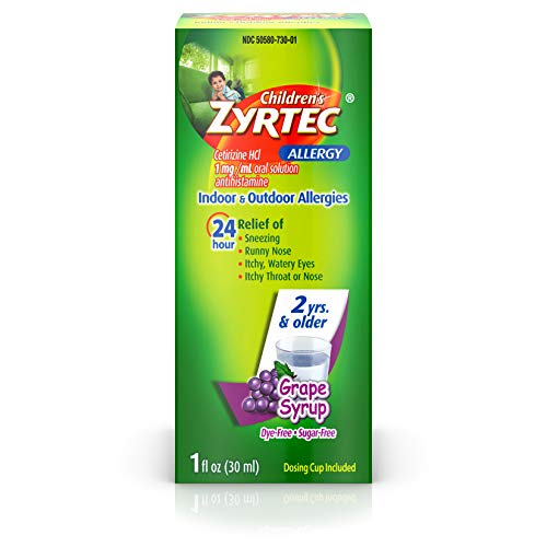 Zyrtec 24 Hr Childrens Allergy Syrup with Cetirizine, Dye- & Sugar-Free, Grape Flavor, 1 fl. oz