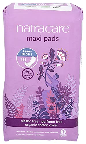 Natracare Natural Traditional Style Night Time Maxi Pads, Individually Wrapped, Without Wings in Plant-Based Bag (1 Pack, 10 Pad