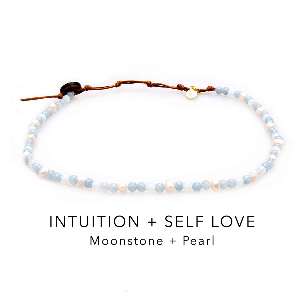 Lotus and Luna 4MM Energy Chakra Healing Necklace with Real Stones Jade, Pearl, Rose Quartz, Amethyst, Moonstone (Intuition + Se