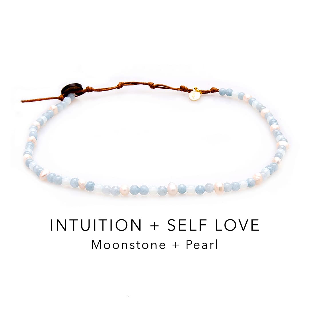 Lotus and Luna 4MM Energy Chakra Healing Necklace with Real Stones Jade, Pearl, Rose Quartz, Amethyst, Moonstone (Intuition + Se