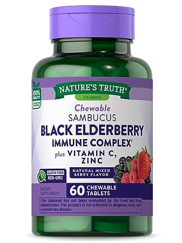 Black Elderberry Immune Complex | 60 Chewable Tablets | Plus Vitamin C & Zinc | Natural Mixed Berry Flavor | Vegetarian, Non-GMO