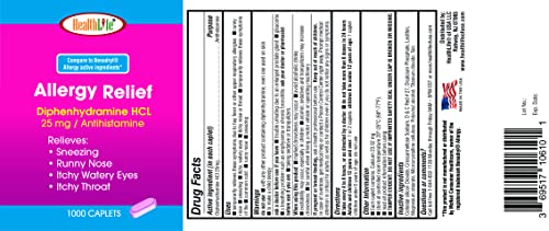 HEALTH LFE Allergy Relief, Medicine Diphenhydramine HCl Caplets, 25 mg | Children and Adults | Relieves Sneezing, Runny Nose, Ha