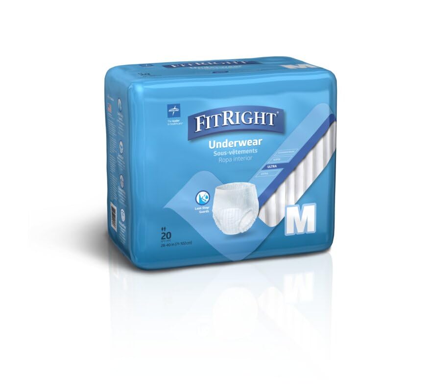 FitRight Ultra Unisex Adult Protective Underwear, Medium Size for Waist 28-40 Inches, Heavy Absorbency, Dependable Incontinence