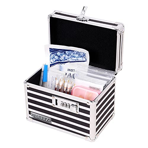 Vaultz Medicine Storage Box w/Combination Lock - 4 x 6 x 4 Inches Cabinet Safe, Black & White Stripes