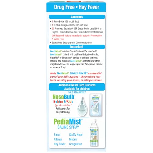 Neilmeds Sinus Rinse, Pediatric, Complete Saline Nasal Rinse Kit 60 Premixed Packets