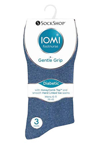 IOMI - 6 Pack Mens Thin Non Binding Extra Wide Loose Top Cotton Diabetic Socks (7-12 US, Blue)