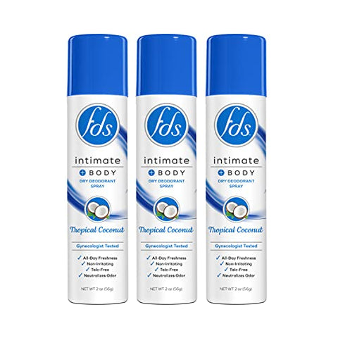 FDS Intimate Deodorant Spray, Tropical Coconut, 2 oz (Pack of 3), Feminine Spray for All Day Freshness & Odor Protection; pH-bal