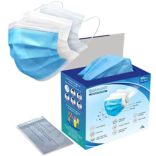 Quarant Melt Blown  Smms Fabric 3 Ply Disposable Face Mask With Nose Clip And Reusable Travel Pouch (Blue, Pack Of 100) For Uni