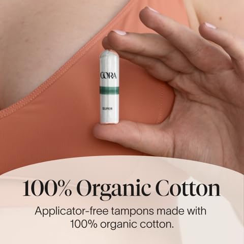 Cora 100% Organic Cotton Non-Applicator Tampons | Ultra-Absorbent, Unscented, Natural, Non-Toxic, Applicator Free | Eco-Consciou