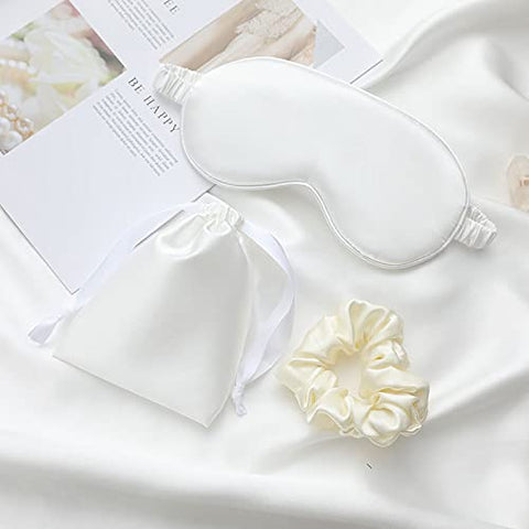 LCBD Silk Satin Sleeping Eye Mask, White Sleep Eye Night Blindfold for Women and Men, Soft Breathable Blackout Eyeshade Eye Cove
