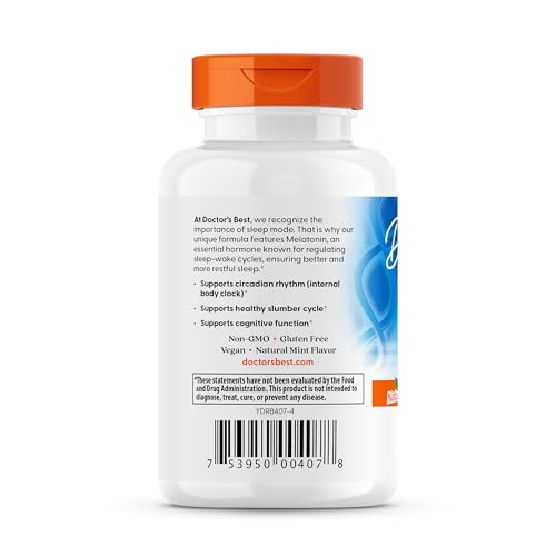 Doctors Best Melatonin, Sleep Support, Non-GMO, Gluten Free Vegan, Natural Mint Flavor 120 Chewable Tablets
