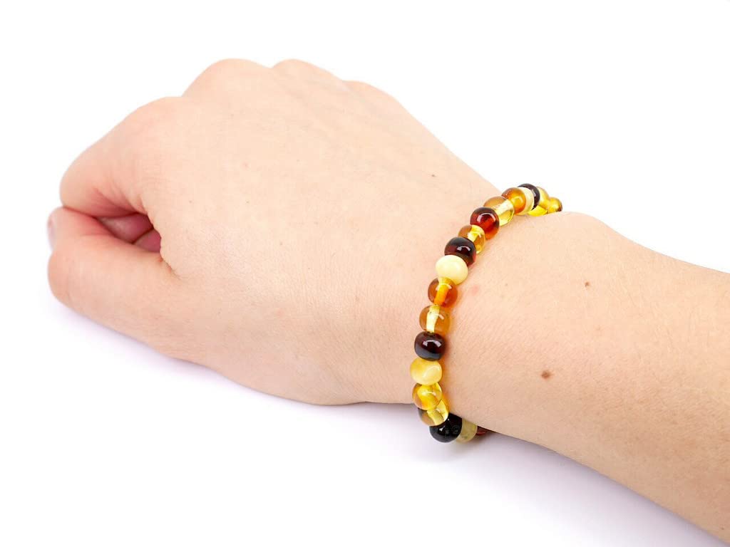 Baltic Amber Bracelet for Adults Made on Elastic Band- Natural Amber from Baltic Region, Genuine Baltic Amber (Multi, 7.5 inch)