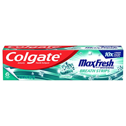 Colgate Max Fresh with Whitening Toothpaste with Mini Breath Strips, Clean Mint Toothpaste for Bad Breath, 6.3 Oz Tube
