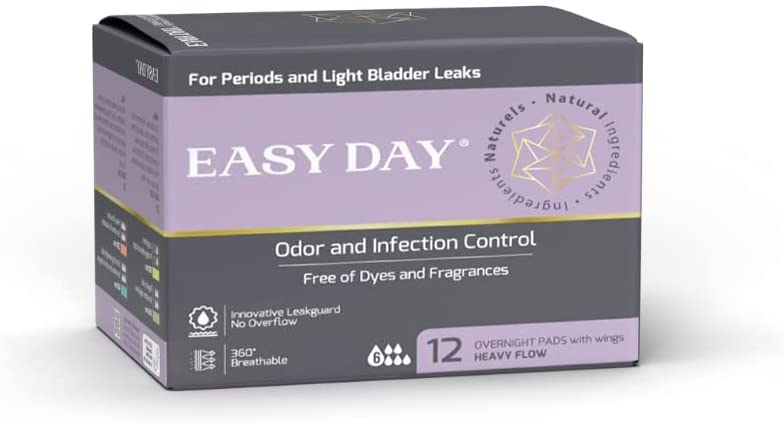 EASYDAY Overnight Heavy Flow(2-in-1 Period & Light Bladder Leakage Feminine Pads) Wings, Sensitive Skins, Unscented, Breathable,