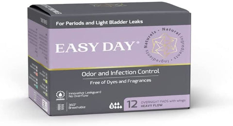 EASYDAY Overnight Heavy Flow(2-in-1 Period & Light Bladder Leakage Feminine Pads) Wings, Sensitive Skins, Unscented, Breathable,