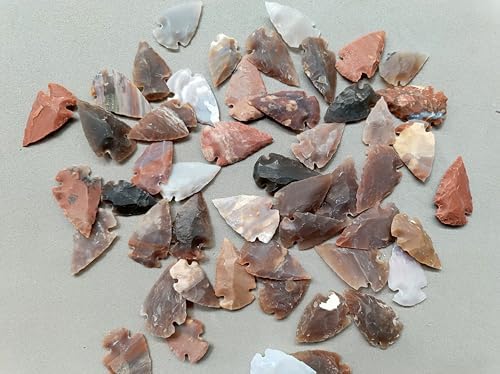 Set of 50 Raw Stone Arrowheads - Mixed Gemstone Flint Knapped Points - Authentic Primitive Hunting Spearheads for Crafts, Jewelr