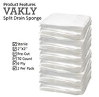 Split Drain Sponge Gauze 2x2 Sterile 6 Ply Pads [Pack of 70] Absorbent Precut 2X2 Non-Woven Slit Bandage for I.V. Tracheostomy -