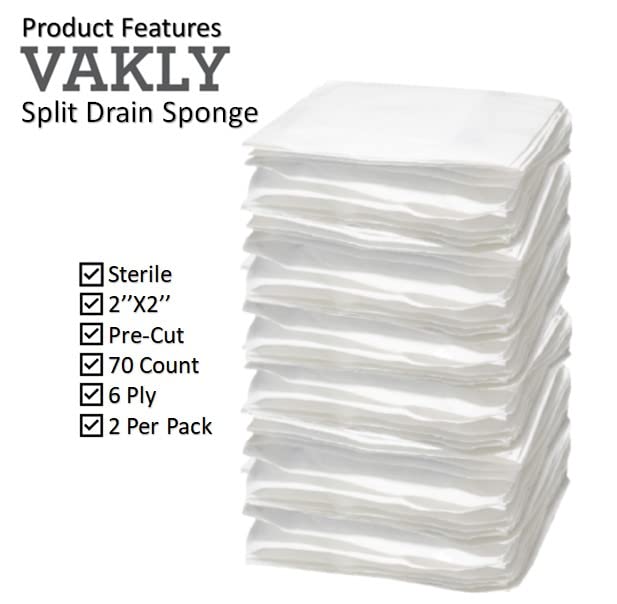 Split Drain Sponge Gauze 2x2 Sterile 6 Ply Pads [Pack of 70] Absorbent Precut 2X2 Non-Woven Slit Bandage for I.V. Tracheostomy -