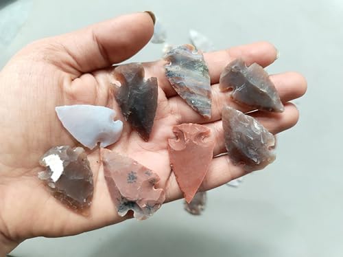 Set of 50 Raw Stone Arrowheads - Mixed Gemstone Flint Knapped Points - Authentic Primitive Hunting Spearheads for Crafts, Jewelr