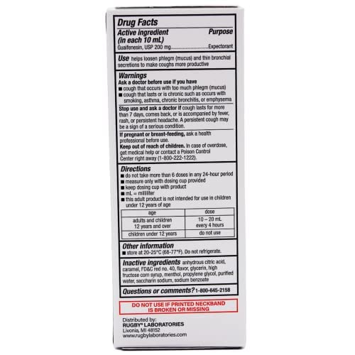 Rugby Mucus & Chest Congestion Guaifenesin 200 mg Expectorant Cherry Flavored Cough Syrup - 4 Fl Oz