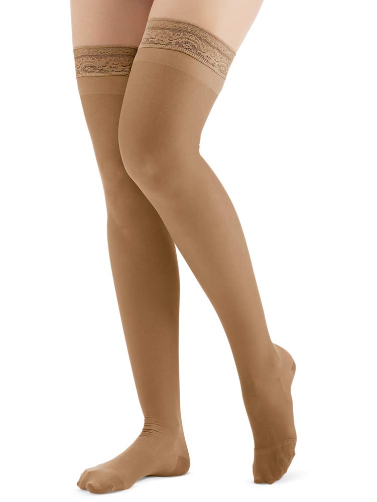 Collections Etc Thigh High Compression Stockings, Firm (20-30 mmHg), Closed Toe - Made in USA, Beige, Large - Made in The USA