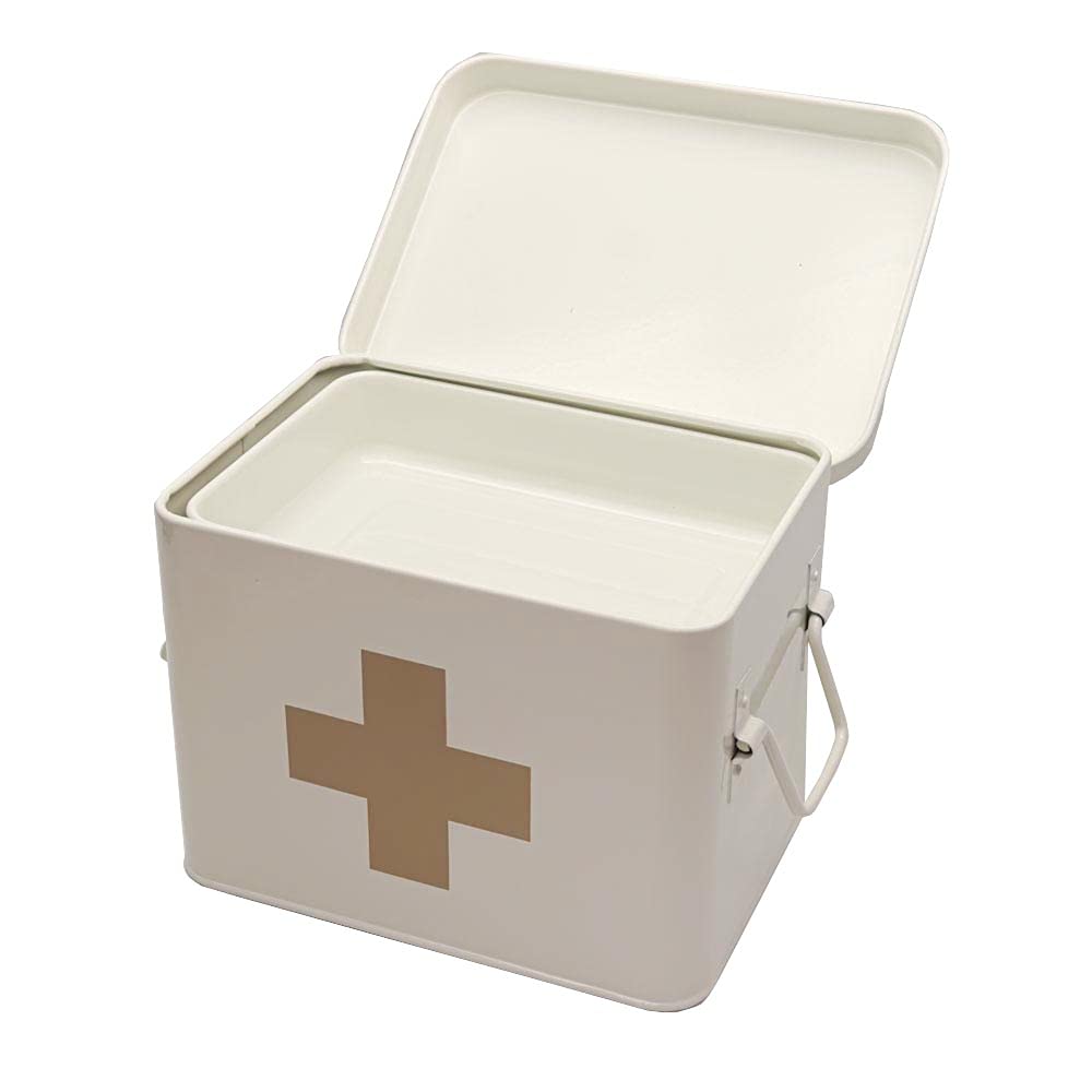 Lassos Boutique Retro Enameled First Aid Box for Medicine Storage and Home Decor with Lid and Removable Tray