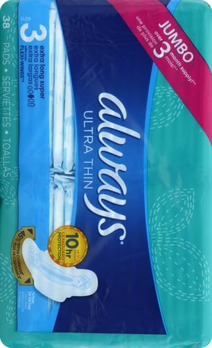 Always Ultra Thin Feminine Pads For Women, Size 3 Extra Long Super Absorbency, With Wings, Unscented, 38 Count