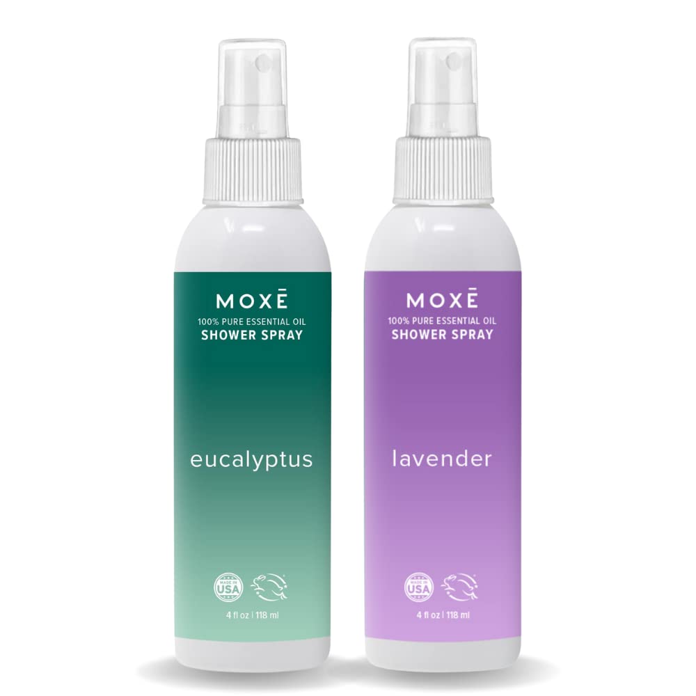 MOXE Shower Mist, Spa Steam Spray, Certified Natural Essential Oils, Aromatherapy, Calming Relief (Lavander and Eucalyptus, 4 Fl